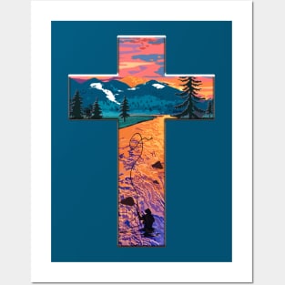 Christian Cross Fly Fishing Mountain Sunset Posters and Art